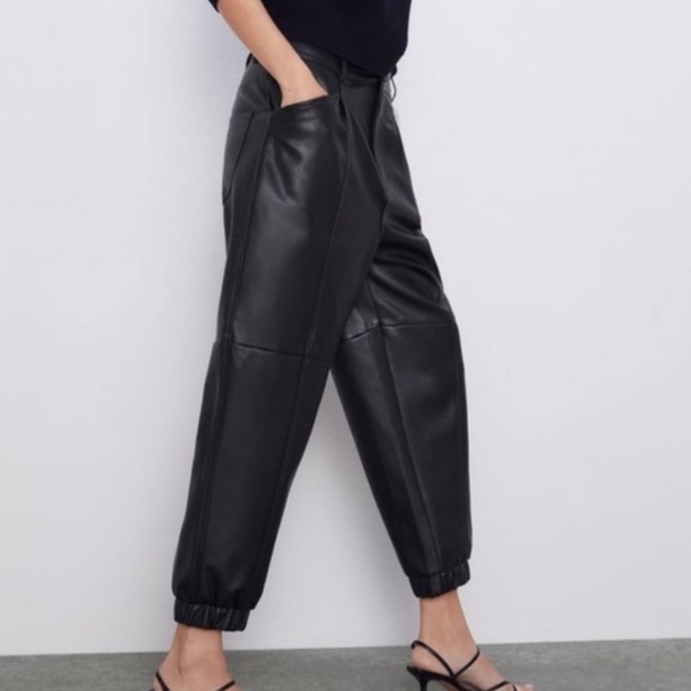 Black Faux Leather Joggers size 2 Zara